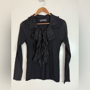 Nicowa, vintage black, ruffle front, Tull sleeve bib collar, long sleeve top. 8